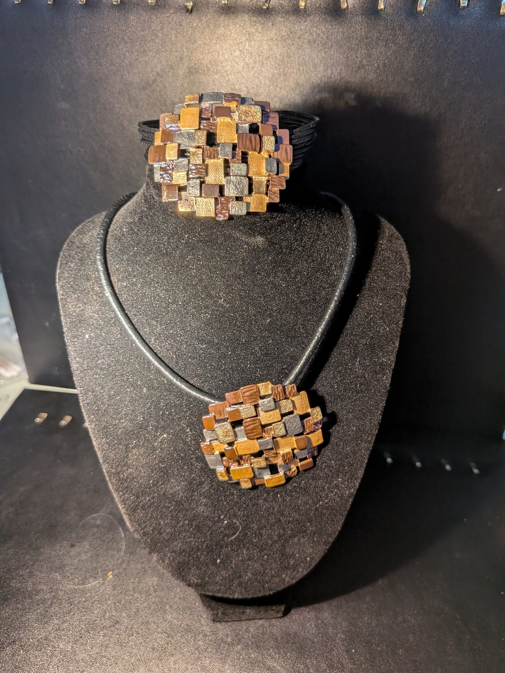 Milano Mosaic Pendant Necklace and Bracelet Set - Brown Gold